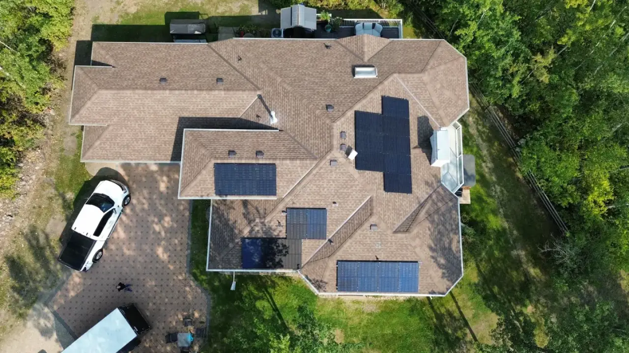 Aerial view of a completed solar installation in Edmonton during fall