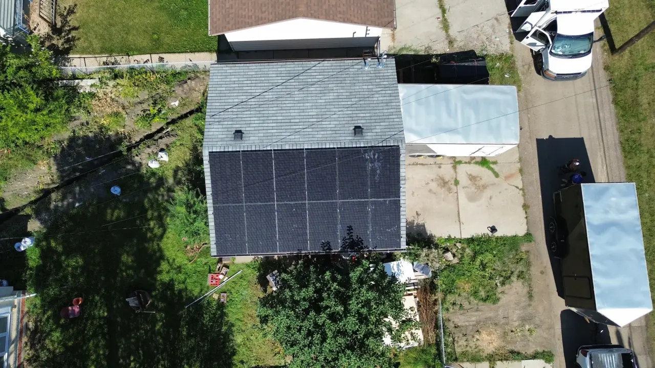 Aerial view of solar panels installed on a Sherwood Park home