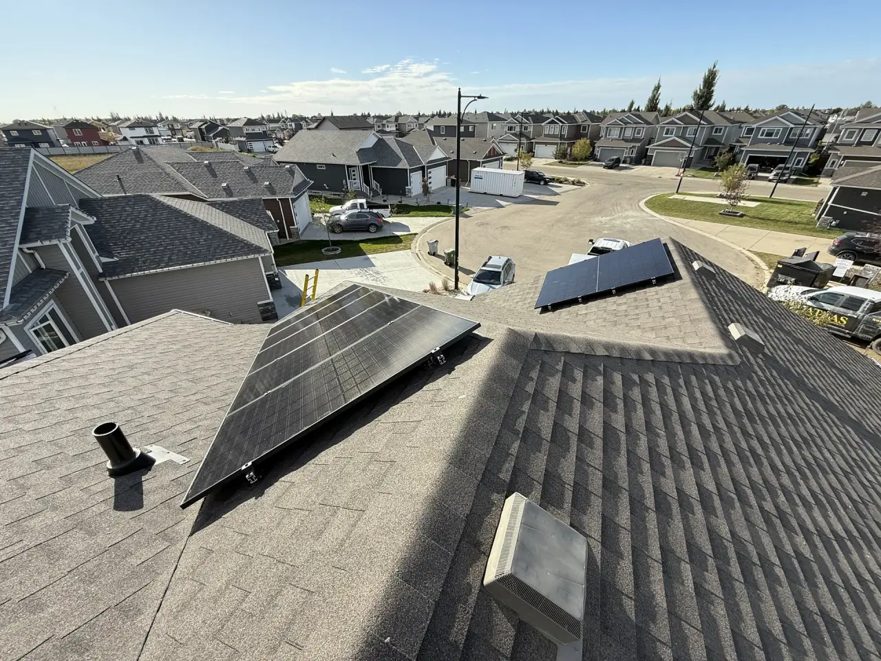 Completed solar panel installation on a residential roof in Leduc during fall