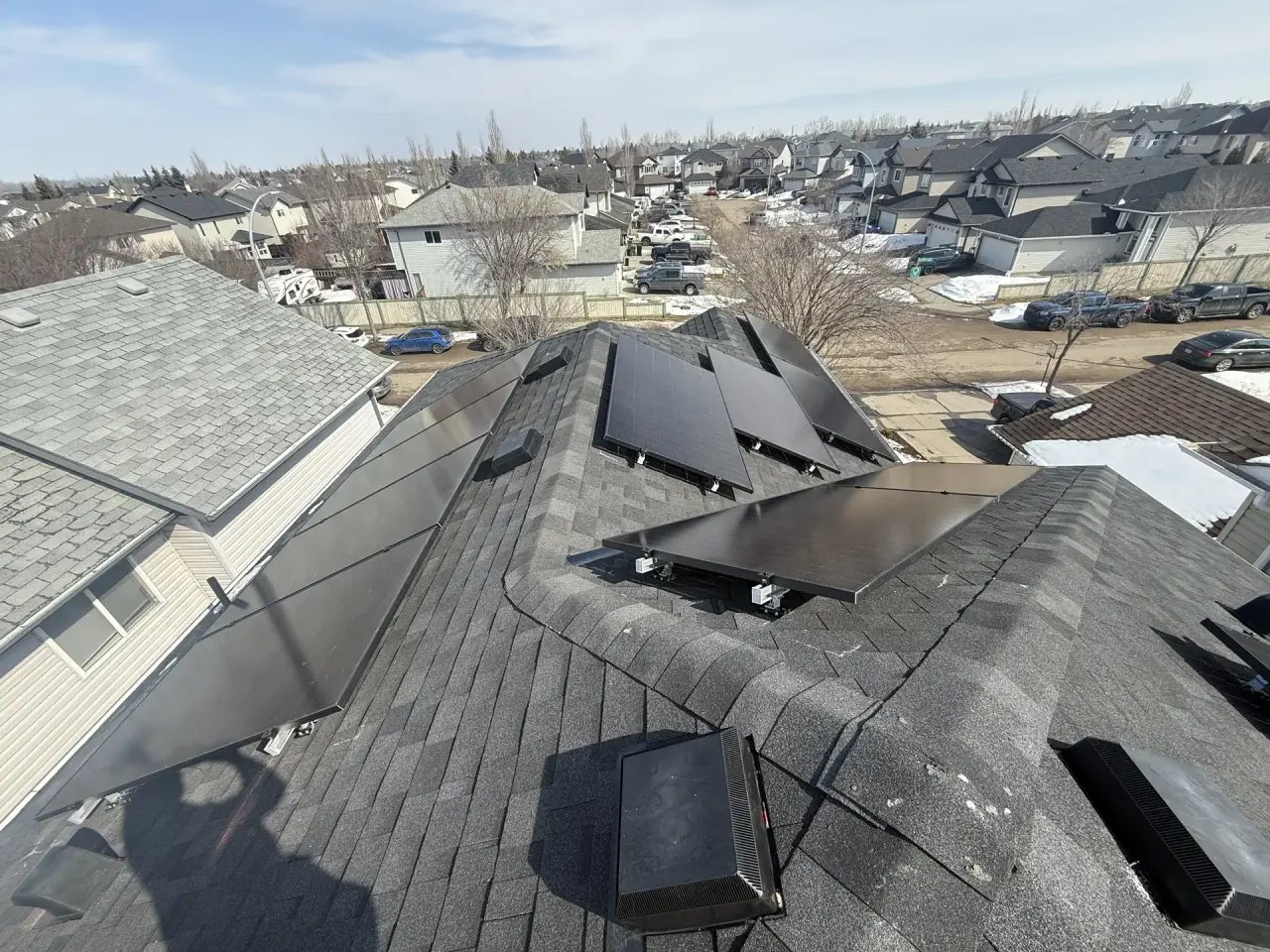 Completed solar panel installation on a Sherwood Park residential roof in spring